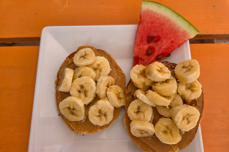 Breakfast bagel, peanut butter and banana, Caye Caulker